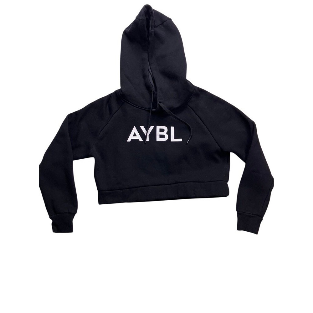 AYBL Crop Hoodie Womens Medium Black Raglan Sleeve Logo Pullover